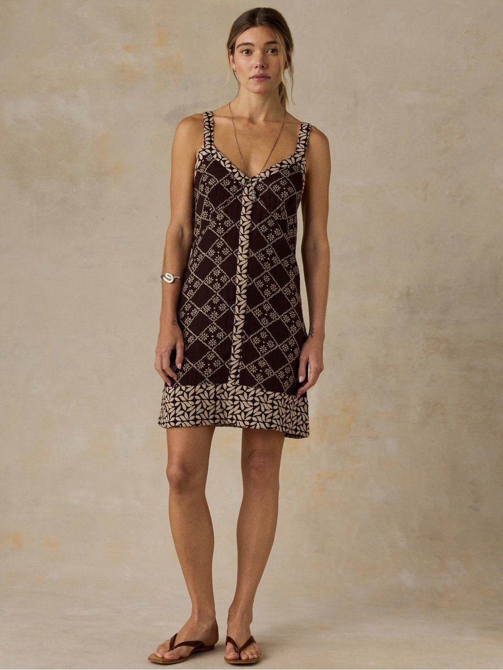 FAHERTY Annabelle Organic Cotton Patchwork Mini Dress Desert Blossom Brown 6